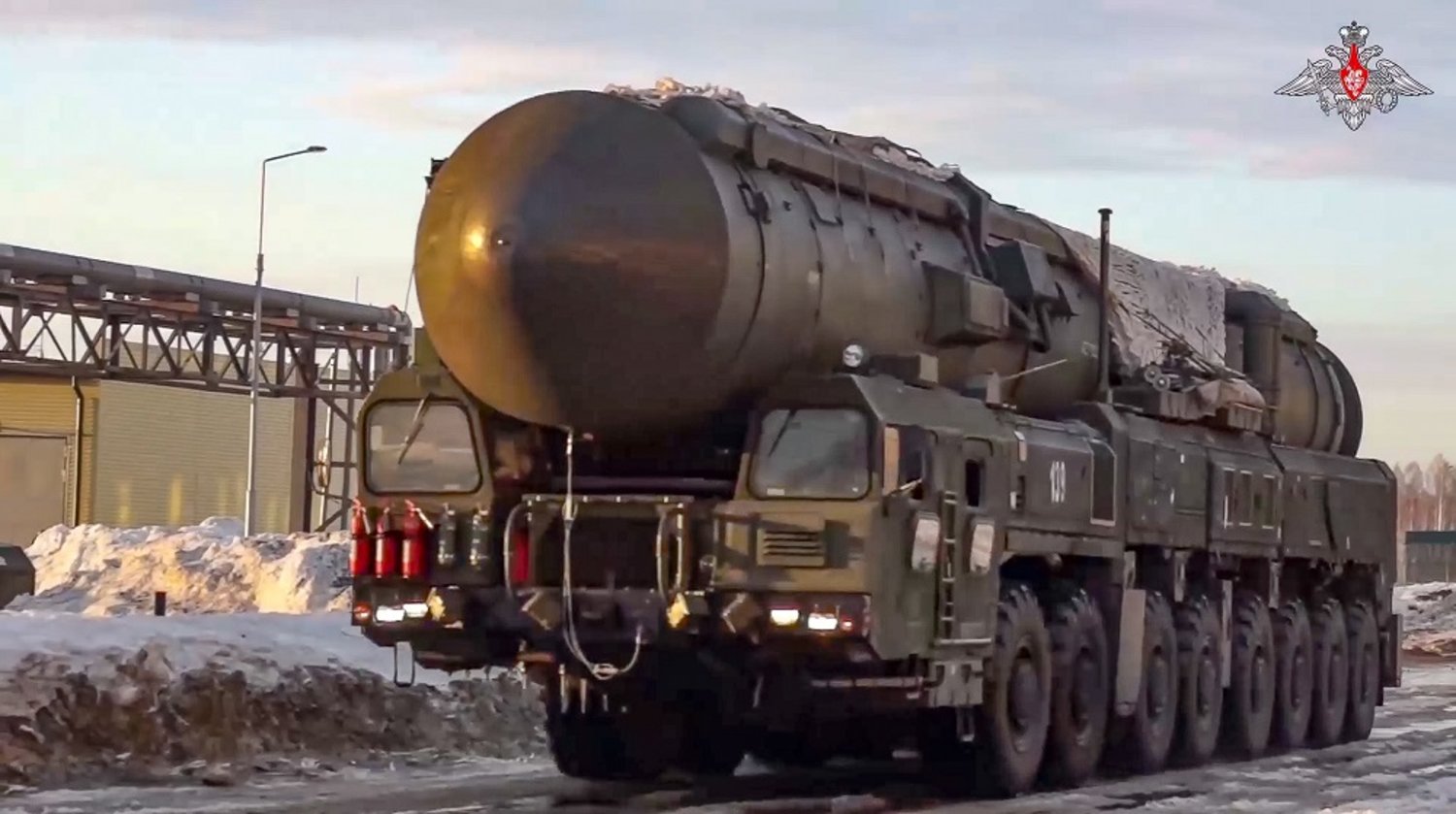 This photo made from video provided by the Russian Defense Ministry Press Service on Wednesday, March 29, 2023, shows a Yars missile launcher of the Russian armed forces being driven in an undisclosed location in Russia. (Russian Defense Ministry Press Service via AP)
