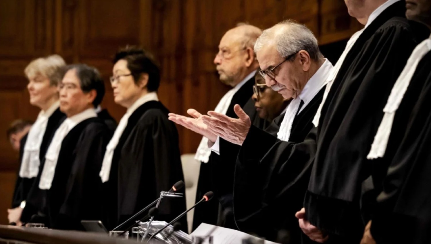 President of Court Nawaf Salam gestures during a hearing at the International Court of Justice (AFP)
