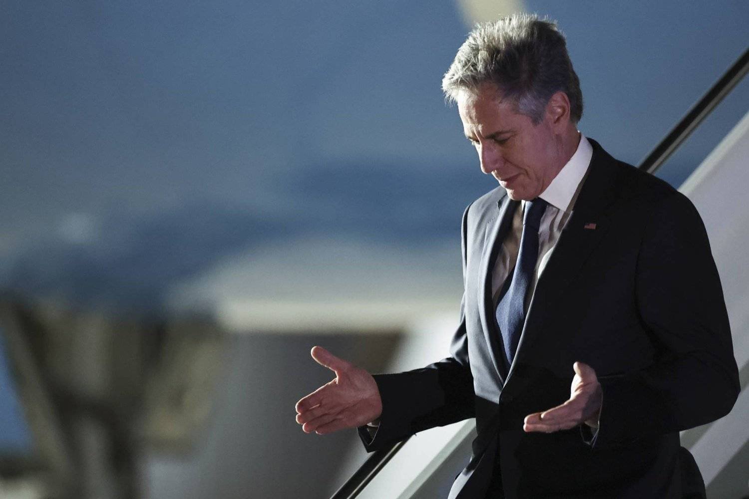 US Secretary of State Antony Blinken gets off the plane on the runway at Jorge Newbery Airfield in Buenos Aires. (AP)