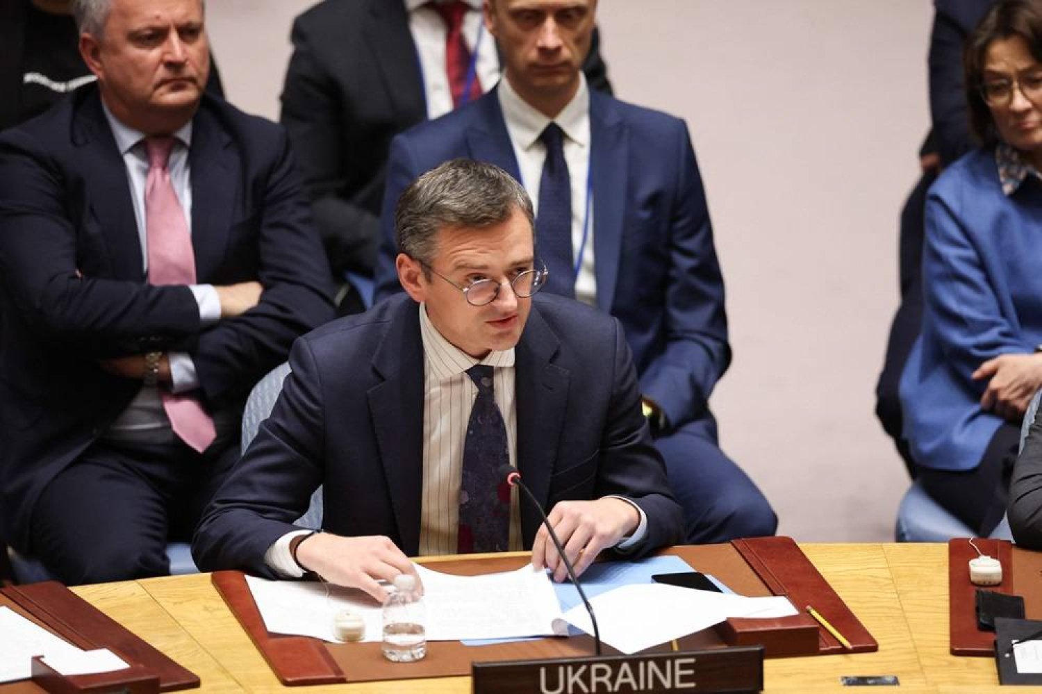 Ukrainian Foreign minister Dmytro Kuleba speaks during the UN General Assembly meeting on the "temporarily occupied territories of Ukraine" marking the second anniversary of the Russian invasion, at the UN Headquarters in New York City on February 23, 2024. (AFP)
