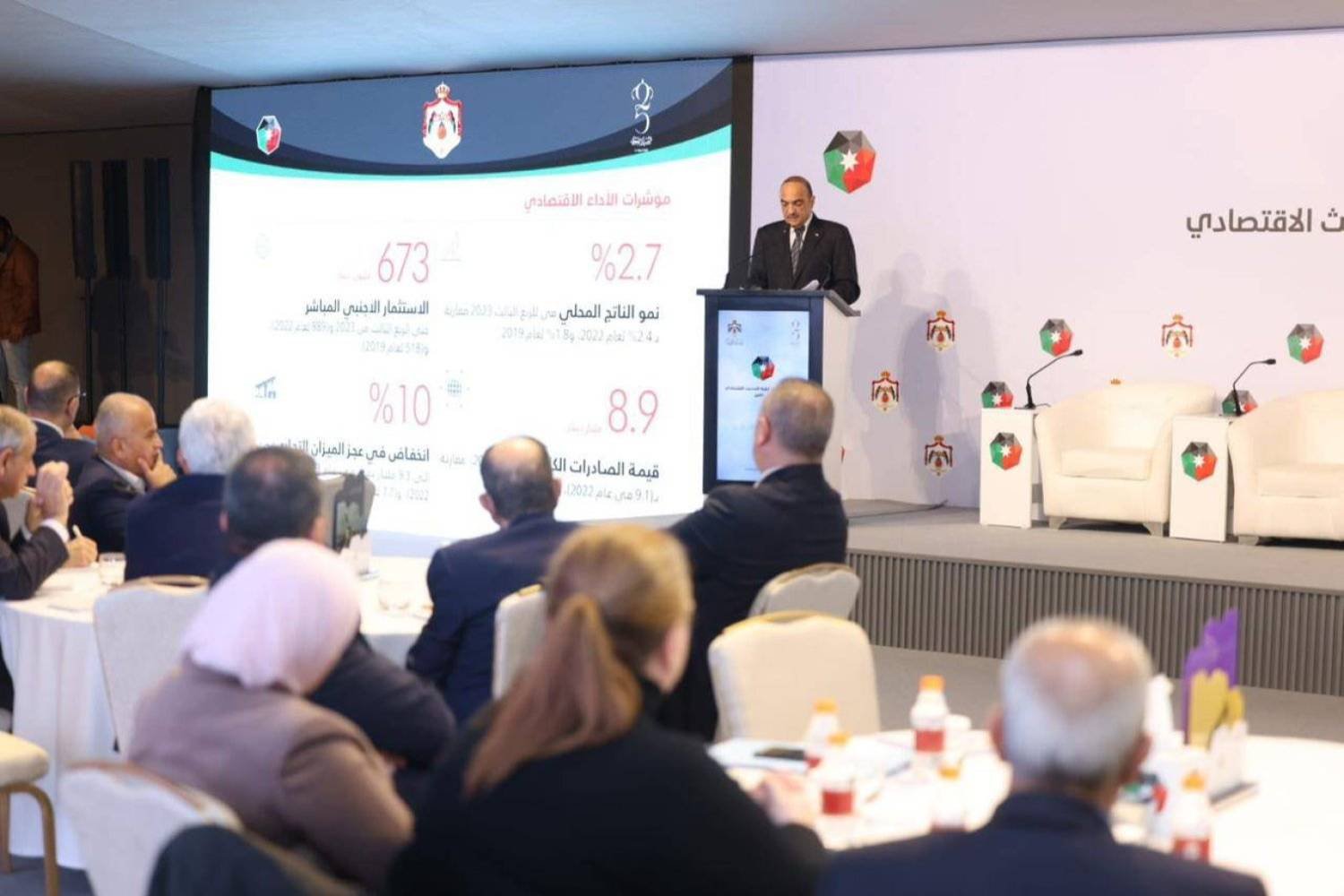 The Jordanian Prime Minister speaks during his opening speech at the meeting on the executive program for the economic modernization vision. (Prime Minister’s account on X) 