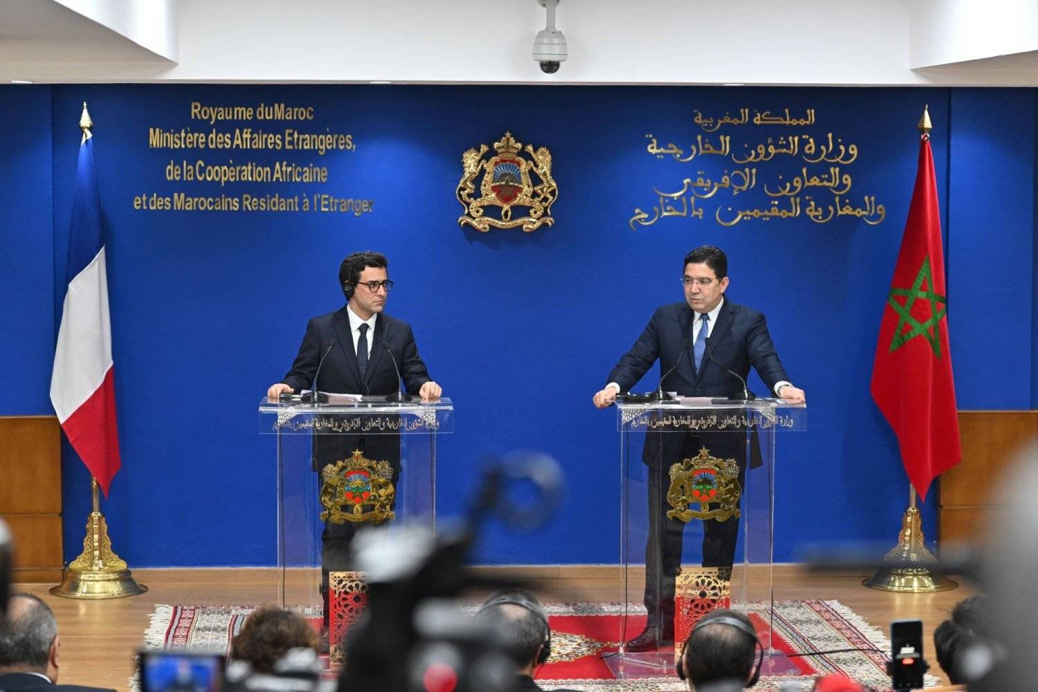 Moroccan Foreign Minister Nasser Bourita (R) and his French counterpart Stephane Sejourne (L) hold a joint press conference after their meeting at the Foreign Ministry in Rabat, Morocco, 26 February 2024. Sejourne is on an official visit to Morocco. EPA/JALAL MORCHIDI