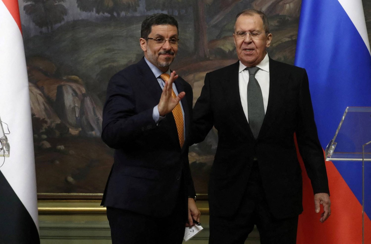 Yemeni Prime Minister Ahmed Awad bin Mubarak and Russian Foreign Minister Sergei Lavrov attend a press conference in Moscow on Tuesday. (Reuters) 