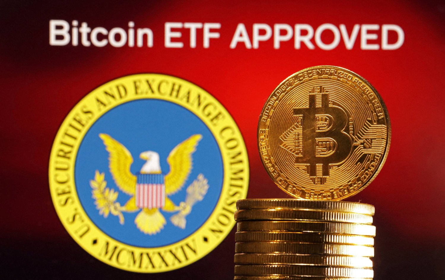 The logo of the US Securities and Exchange Commission and Bitcoin with the words “Approval of Exchange-Traded Funds” (Reuters)