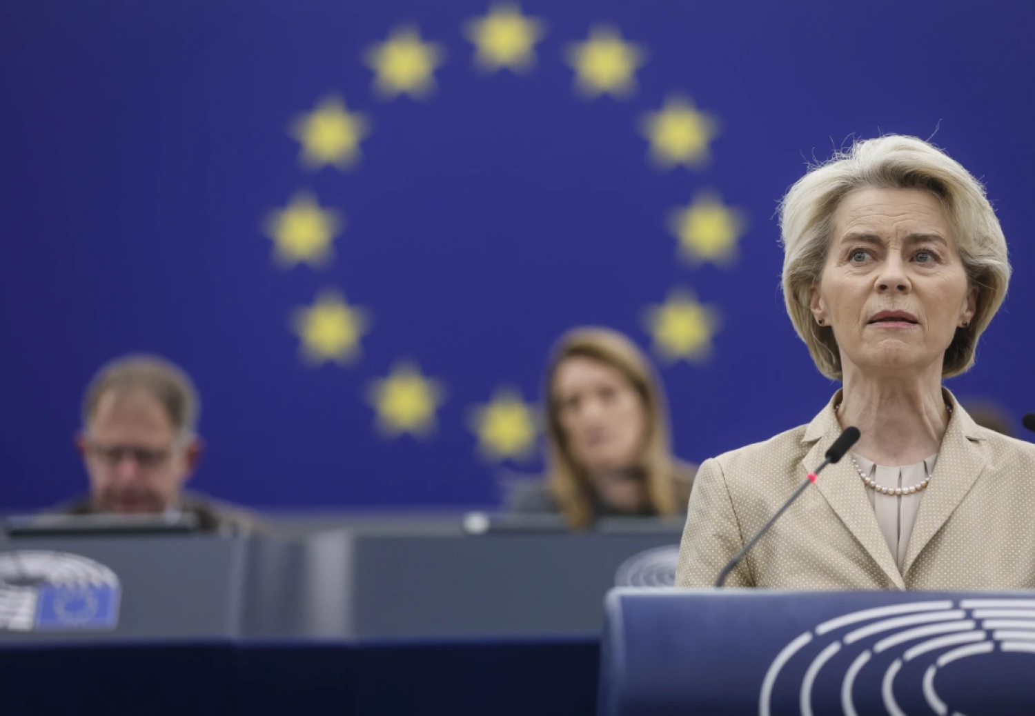 European Commission President Ursula von der Leyen delivers her speech on security and defense at the European Parliament in Strasbourg, eastern France, Wednesday, Feb. 28, 2024 (The AP)