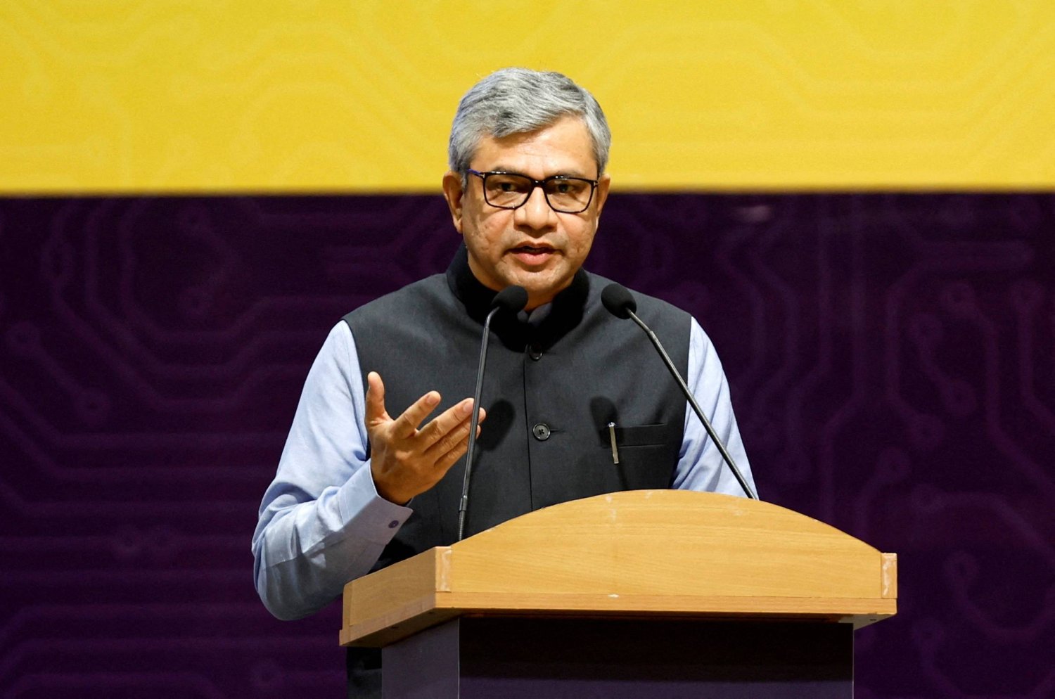 FILE PHOTO: India's Minister for Information Technology Ashwini Vaishnaw addresses the audience during the 'SemiconIndia 2023', India’s annual semiconductor conference, in Gandhinagar, India, July 28, 2023. REUTERS/Amit Dave/File Photo