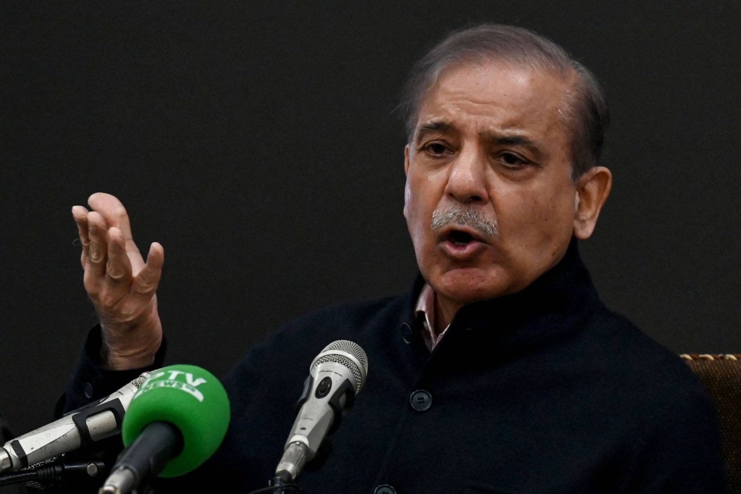  Pakistan's former Prime Minister and leader of the Pakistan Muslim League-Nawaz (PML-N) party Shehbaz Sharif speaks during a press conference in Lahore on February 13, 2024. (Photo by Arif ALI / AFP)
