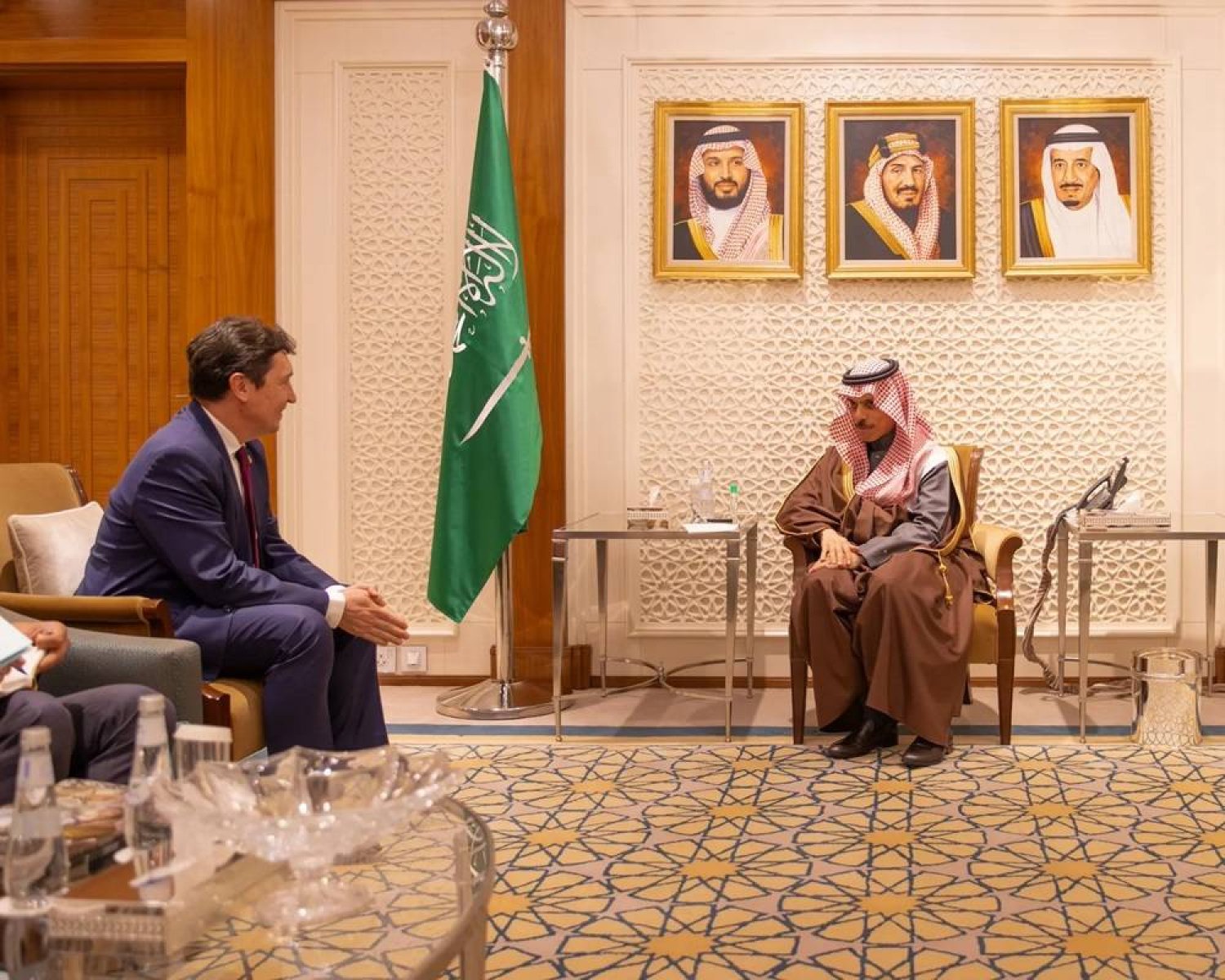 Saudi Foreign Minister Prince Faisal bin Farhan bin Abdullah meets with Vice-President of the Foreign Affairs, Defense and Armed Forces Committee and the President of the France-Gulf States Inter-Parliamentary Friendship Group of the French Senate Olivier Cadic in Riyadh on Monday. (SPA)