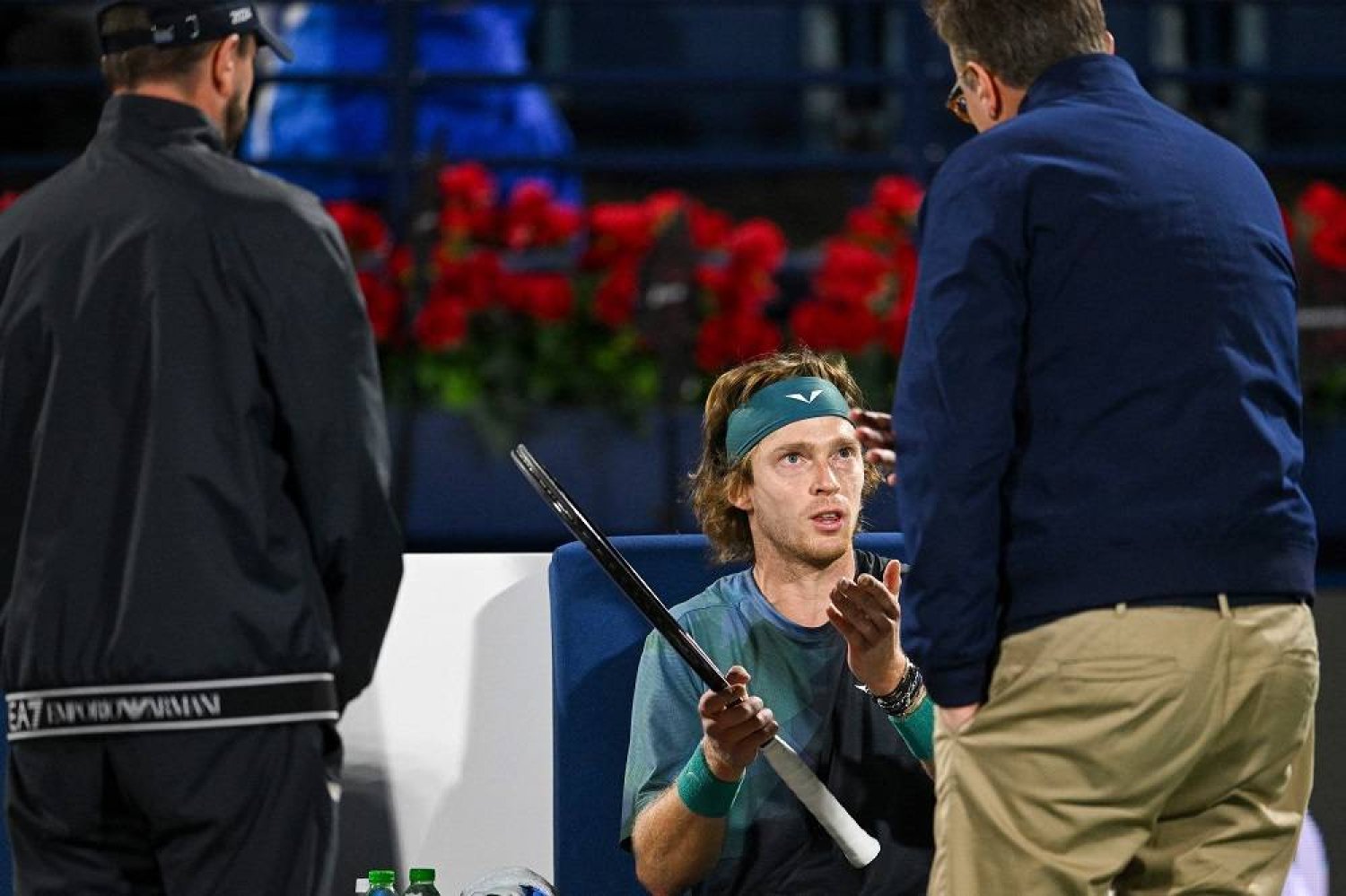 Russia's Andrey Rublev argues with an official after he was defaulted against Alexander Bublik of Kazakhstan after their semi-final match at the ATP Dubai Duty Free Tennis Championship in Dubai on March 1, 2024. (AFP)
