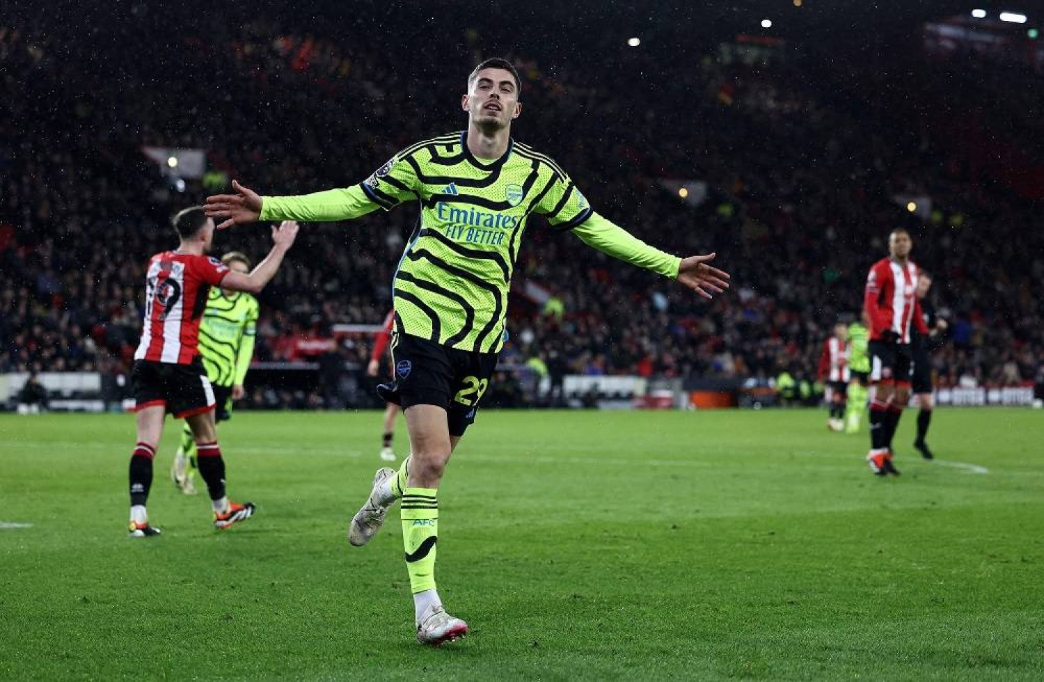 Arsenal's German midfielder #29 Kai Havertz celebrates scoring the team's fourth goal during the English Premier League football match between Sheffield United and Arsenal at Bramall Lane in Sheffield, northern England on March 4, 2024. (AFP)