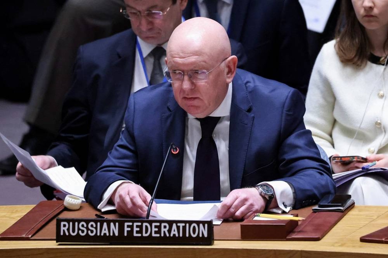 Russia's Representative to the United Nations Vassily Nebenzia addresses the Security Council on the day of a vote on a Gaza resolution that demands an immediate ceasefire for the month of Ramadan leading to a permanent sustainable ceasefire, and the immediate and unconditional release of all hostages, at UN headquarters in New York City, US, March 25, 2024. (Reuters)