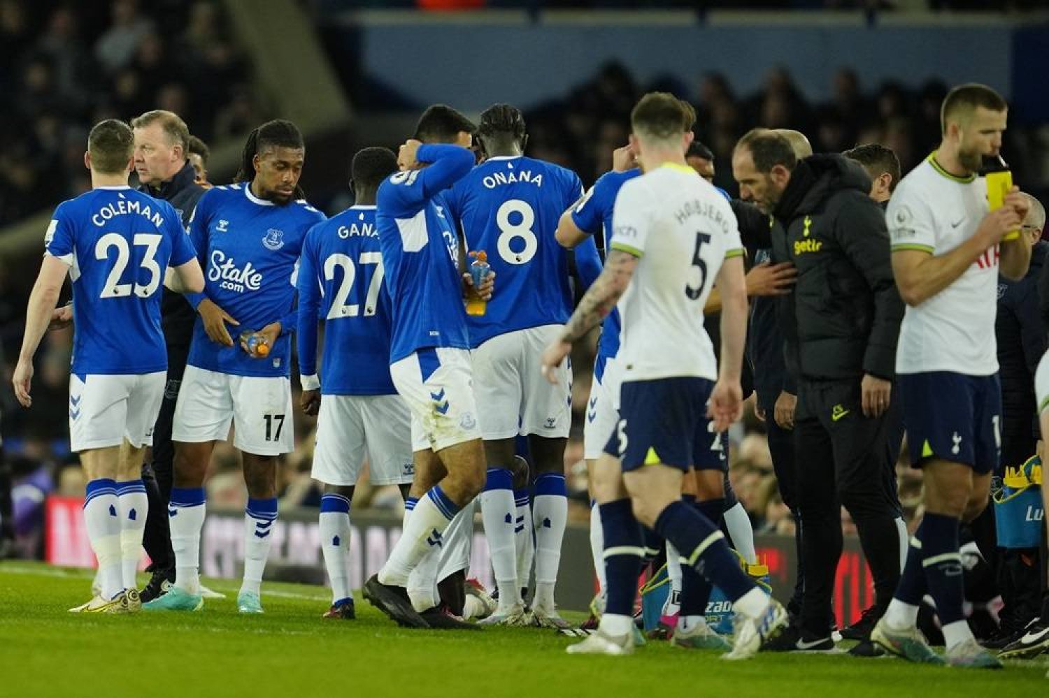 The match is paused so Muslim players can break their fast due to Ramadan during the English Premier League soccer match between Everton and Tottenham Hotspur at the Goodison Park stadium in Liverpool, England, on April 3, 2023. (AP)