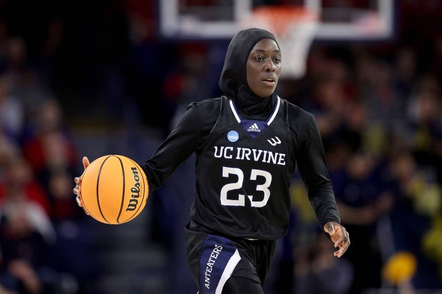 Diaba Konate #23 of the UC Irvine Anteaters dribbles against the Gonzaga Bulldogs during the first quarter in the first round of the NCAA Women's Basketball Tournament at McCarthey Athletic Center on March 23, 2024 in Spokane, Washington. (Getty Images/AFP) 