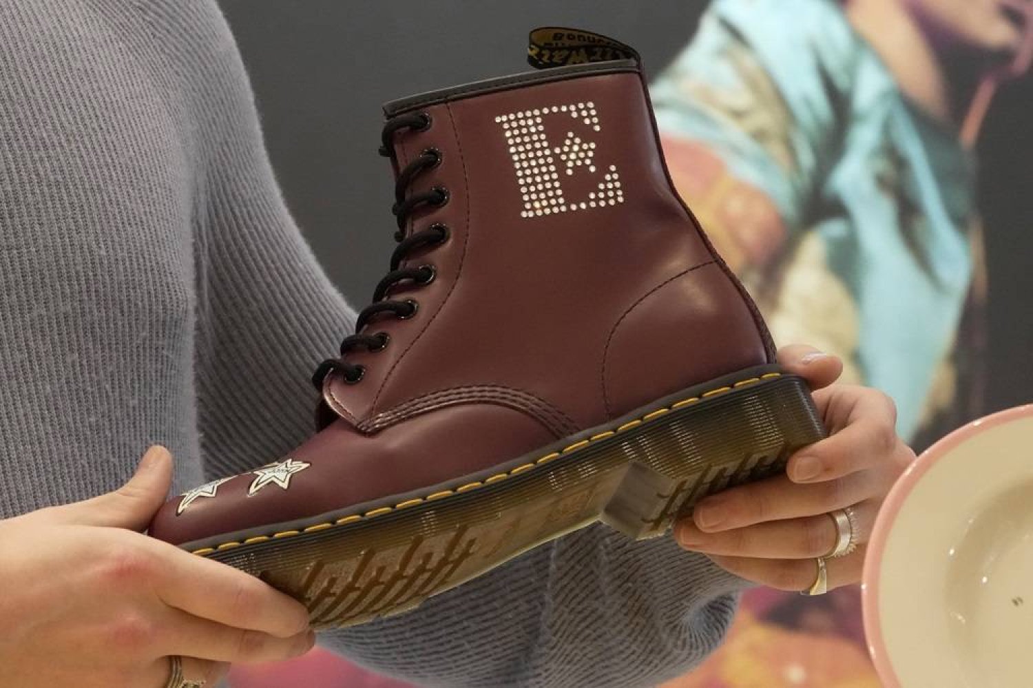 A Dr. Martens boot inspired by Elton John's famous Pinball Wizard outfit is shown at a promotional event in London, March 20, 2023. (AP)
