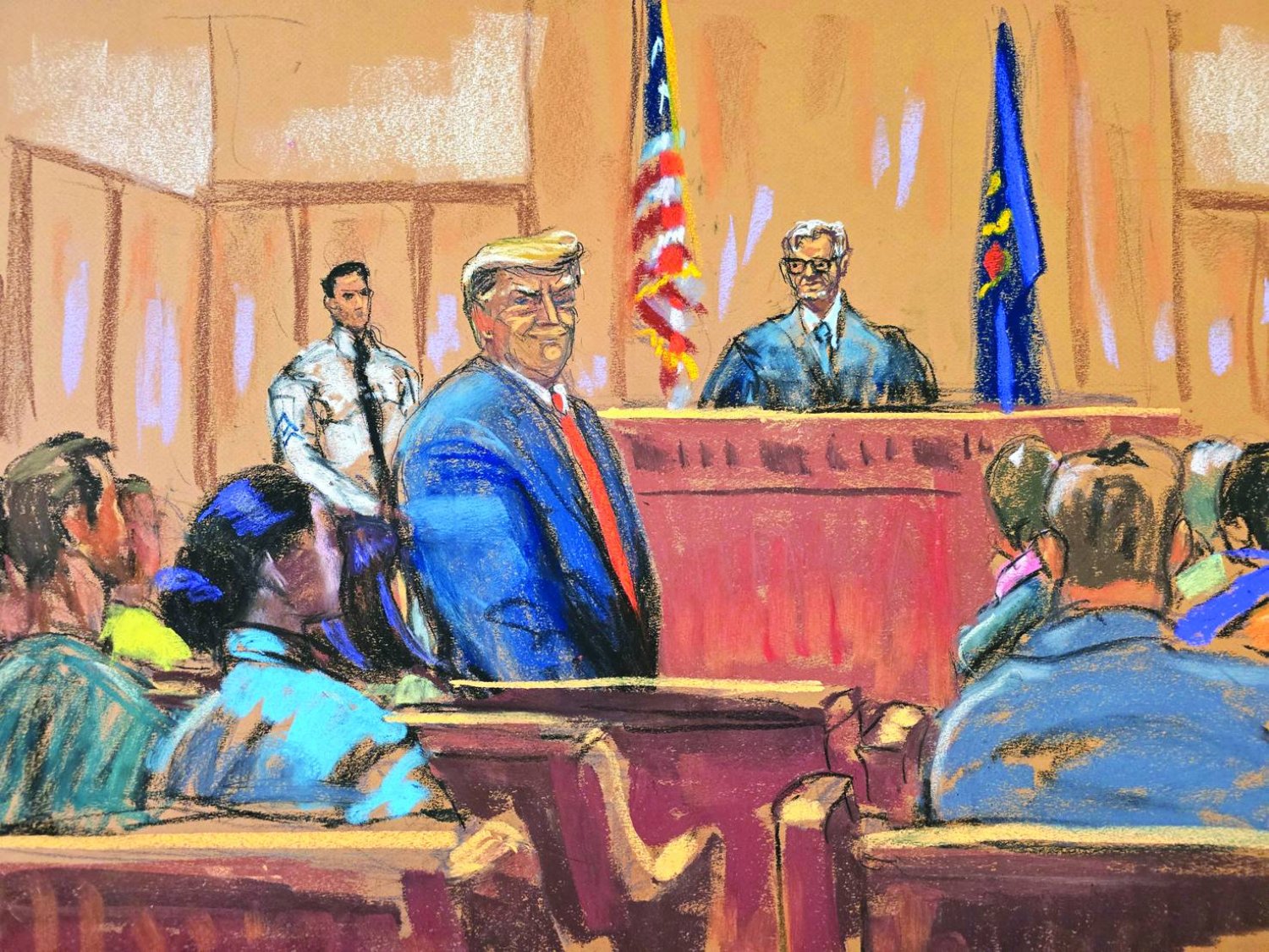 In this courtroom sketch, former US President Donald Trump smiles to the jury pool as he is introduced to them at the beginning of his trial over charges that he falsified business records to conceal money paid to silence porn star Stormy Daniels in 2016, in Manhattan state court in New York, Monday, April 15, 2024. (Jane Rosenberg/Pool Photo via AP)