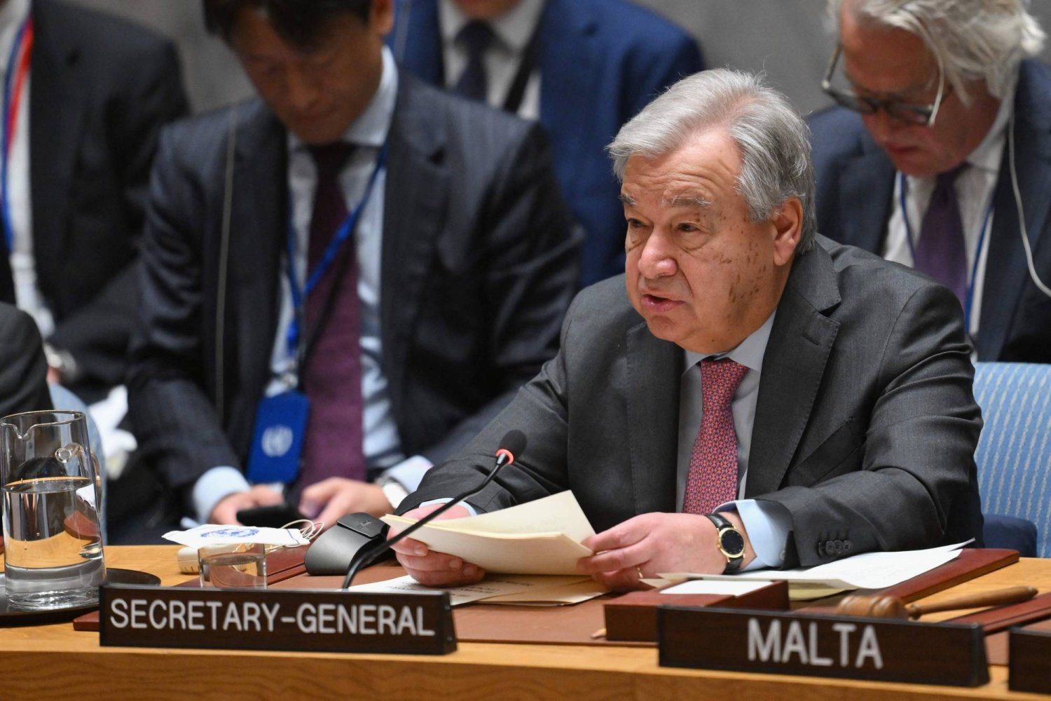 UN Secretary-General Antonio Guterres speaks during a Security Council meeting on the situation in the Middle East, including the Palestinian question, at UN headquarters in New York City on April 18, 2024. (Photo by ANGELA WEISS / AFP)