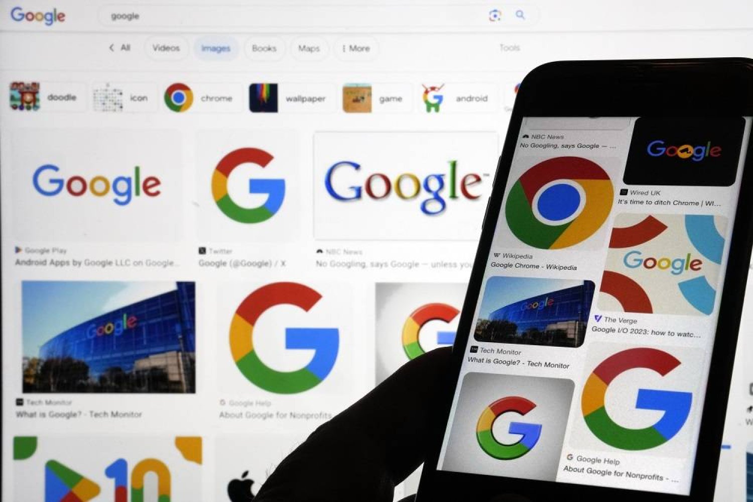 Google logos are displayed when searched for Google in New York, Sept. 11, 2023. (AP)