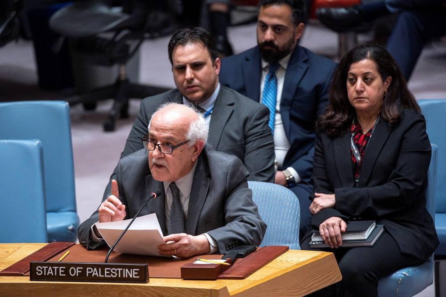 Palestinian Ambassador to the United Nations Riyad Mansour speaks after US Deputy Ambassador to the United Nations Robert Wood voted against members of the Security Council allowing Palestinian UN membership during a Security Council at UN headquarters in New York City, New York, US, April 18, 2024. (Reuters) 