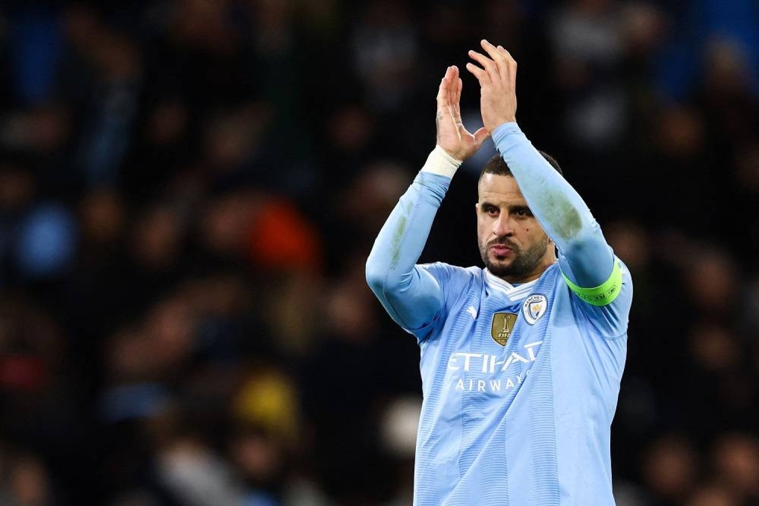 Manchester City's English defender #02 Kyle Walker reacts at the UEFA Champions League quarter-final second-leg football match between Manchester City and Real Madrid, at the Etihad Stadium, in Manchester, north-west England, on April 17, 2024. (AFP)
