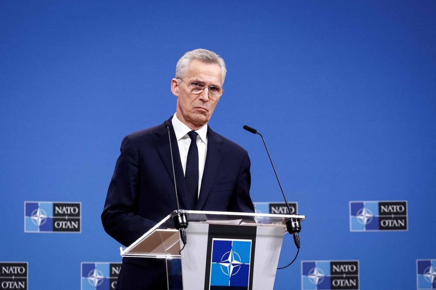  Secretary General of NATO Jens Stoltenberg speaks during a press conference at the end of a virtual meeting of the NATO-Ukraine Council (NUC) at the NATO headquarters in Brussels, on April 19, 2024. (AFP) 