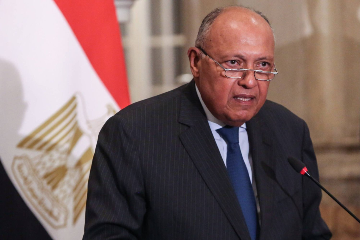 FILED - 19 October 2023, Egypt, Cairo: Egyptian Minister of Foreign Affairs Sameh Shoukry speaks during a press conference at Tahrir Palace. Photo: Stringer/dpa