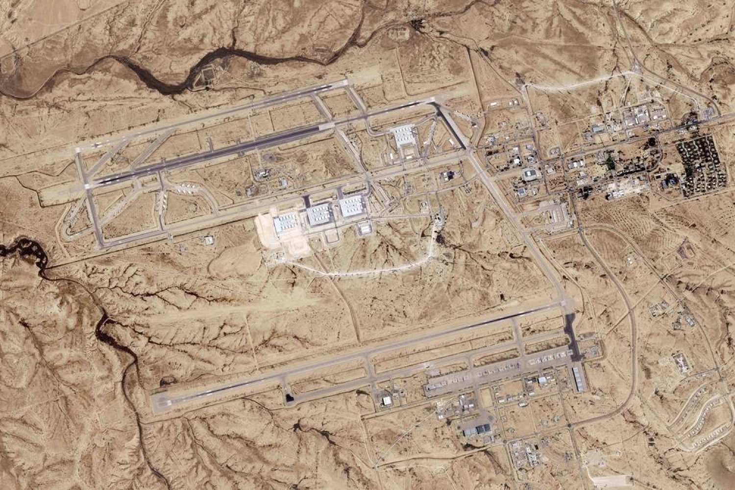 This satellite photo taken by Planet Labs PBC shows Israel's Nevatim air base on Friday, April 19, 2024. (Planet Labs PBC via AP) 