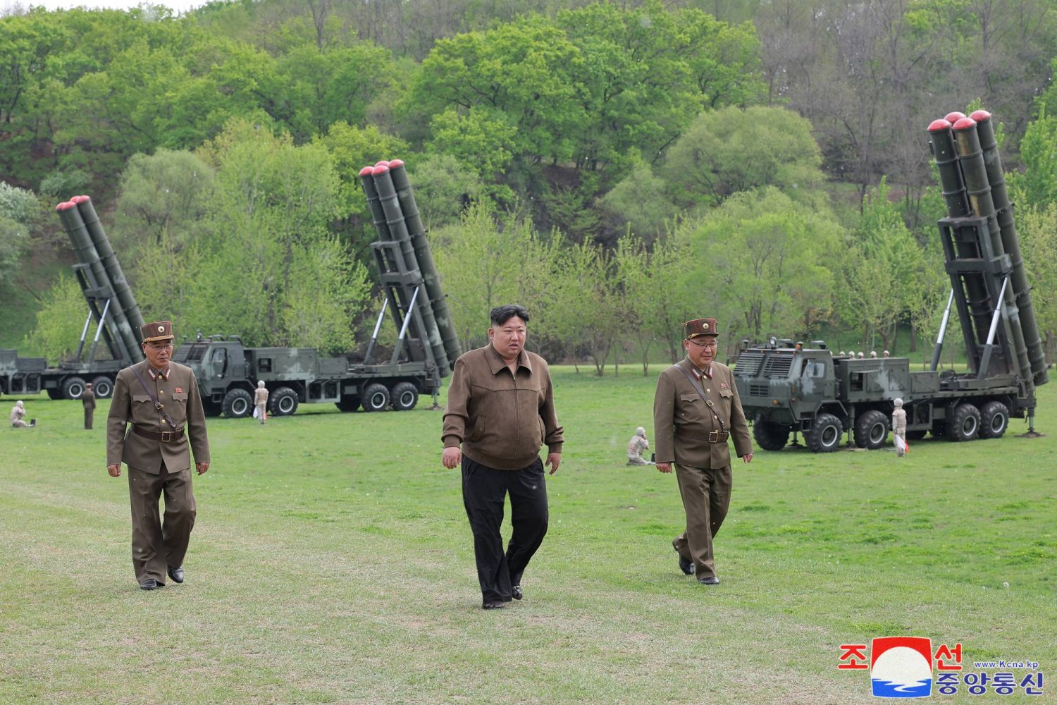 A photo released by the official North Korean Central News Agency (KCNA) shows North Korean leader Kim Jong Un (C) overseeing a simulated nuclear counterattack drill at an undisclosed location, North Korea, 22 April 2024 (issued 23 April 2024). EPA/KCNA   