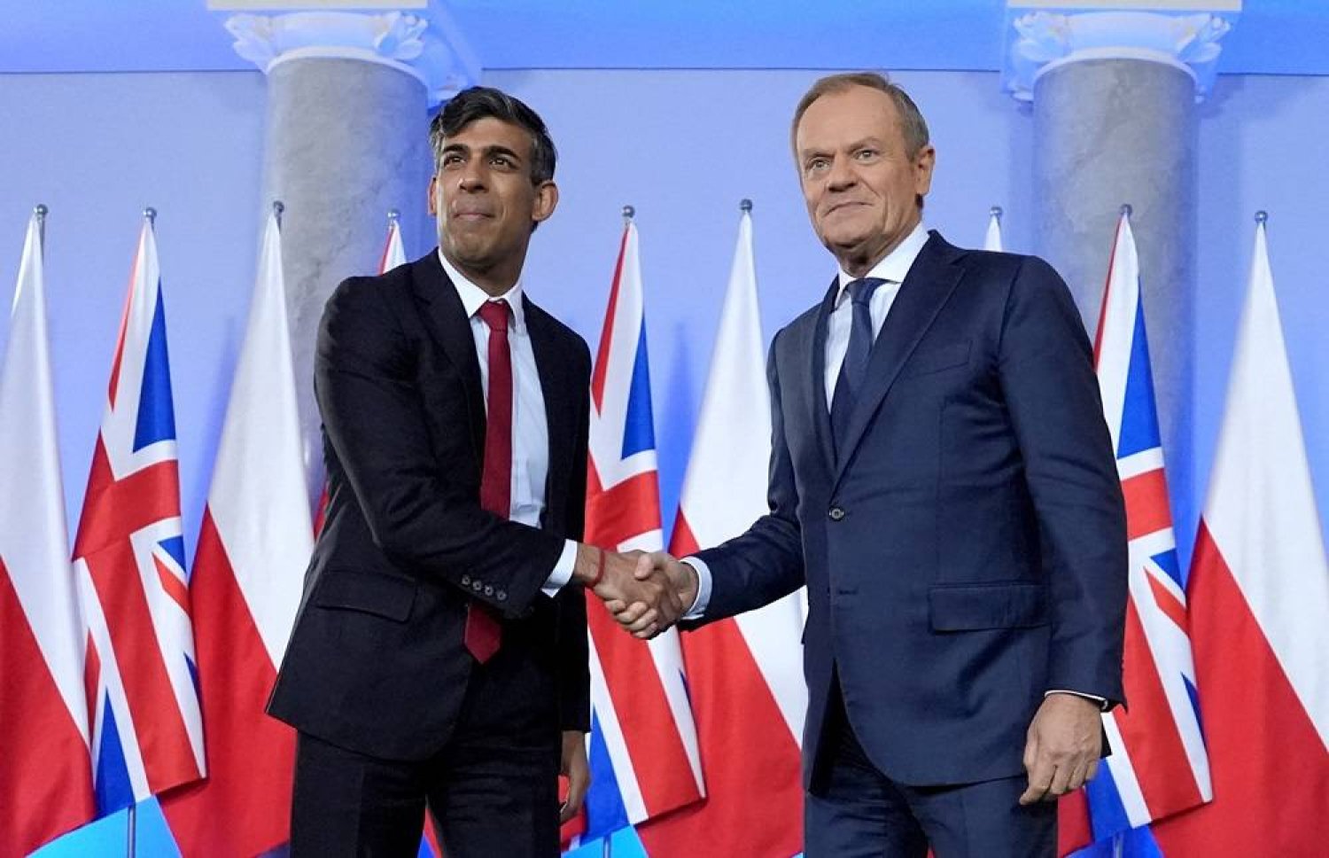  British Prime Minister Rishi Sunak and Polish Prime Minister Donald Tusk meet at the Chancellery of the Prime Minister in Warsaw, Poland, April, 23, 2024. (Reuters)