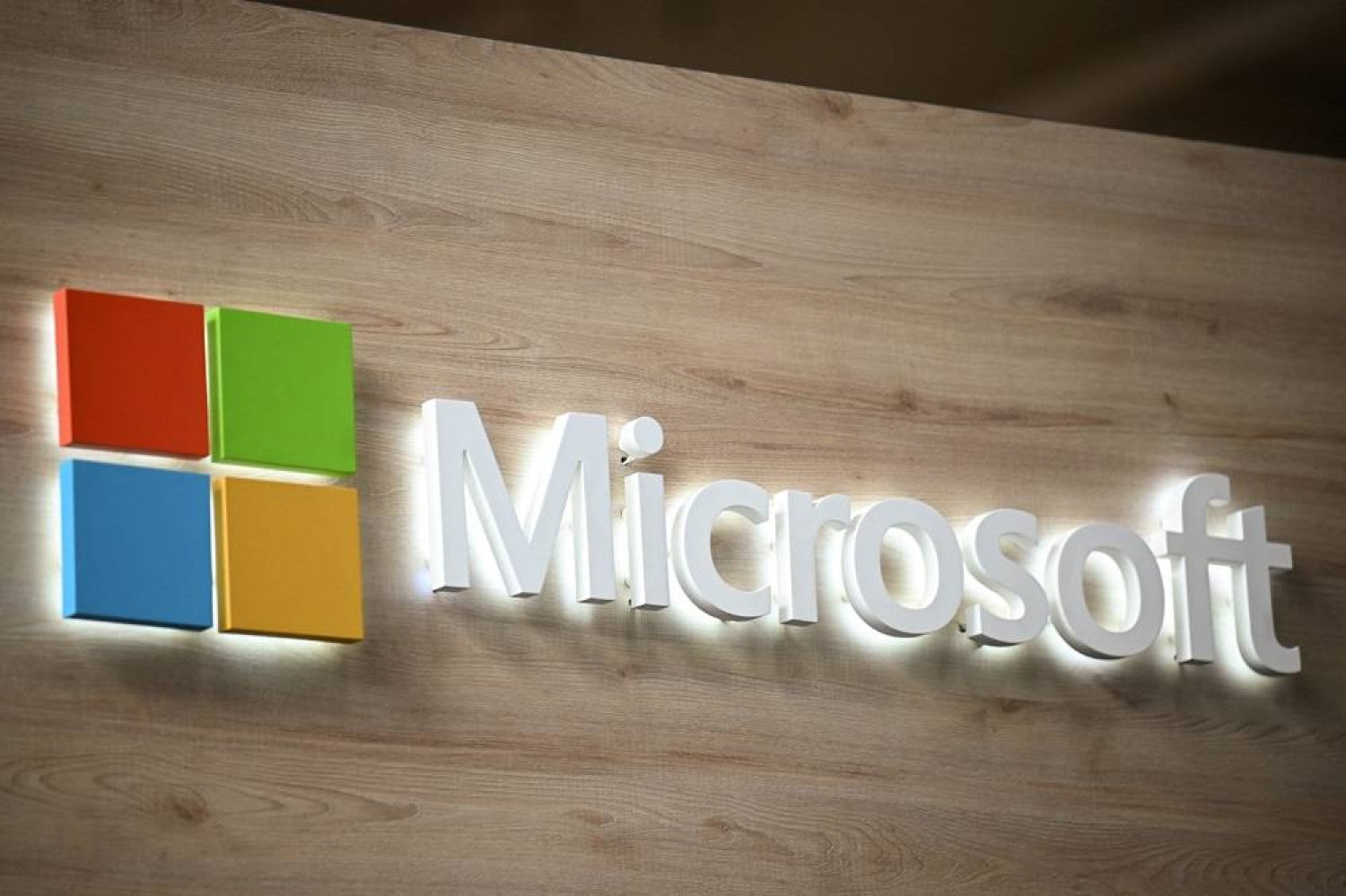 A Microsoft sign is pictured at a trade fair in Hannover Messe, in Hanover, Germany, April 22, 2024. (Reuters)