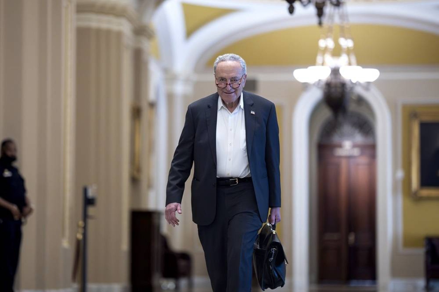  Senate Majority Leader Chuck Schumer, D-N.Y., arrives as the Senate prepares to advance the $95 billion aid package for Ukraine, Israel and Taiwan passed by the House, at the Capitol in Washington, Tuesday, April 23, 2024. (AP) 
