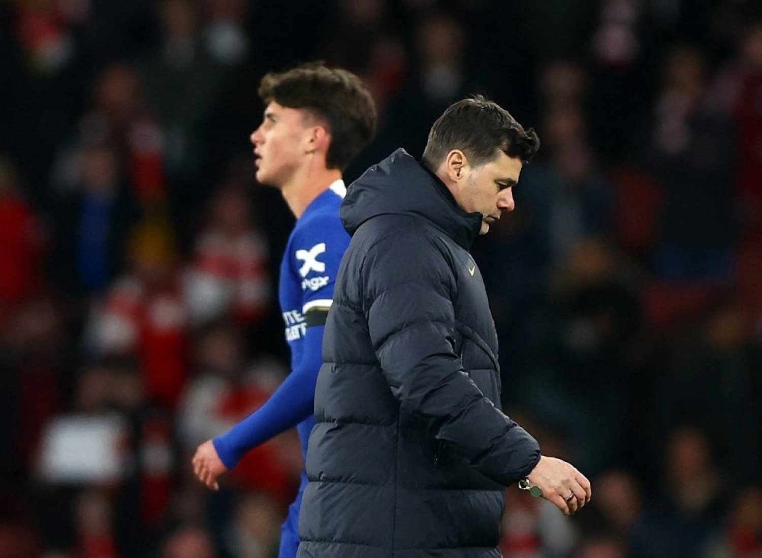 Football - Premier League - Arsenal v Chelsea - Emirates Stadium, London, Britain - April 23, 2024 Chelsea manager Mauricio Pochettino looks dejected after the match. (Reuters)