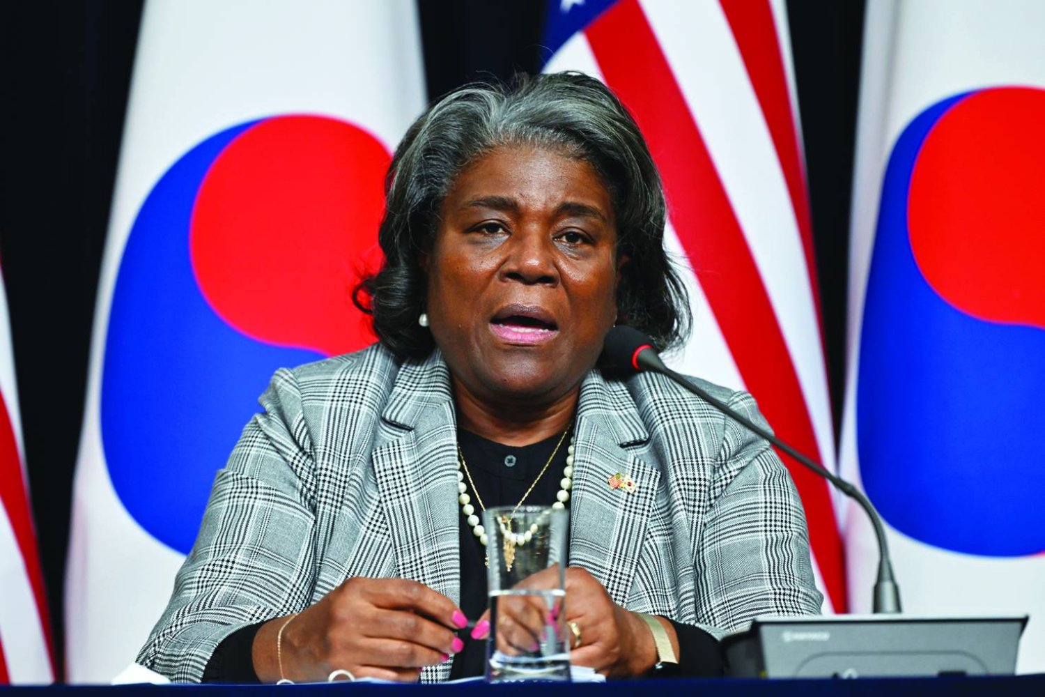 US Ambassador to the United Nations Linda Thomas-Greenfield speaks during a press conference at the American Diplomacy House in Seoul Wednesday, April 17, 2024. (Jung Yeon-je/Pool Photo via AP)