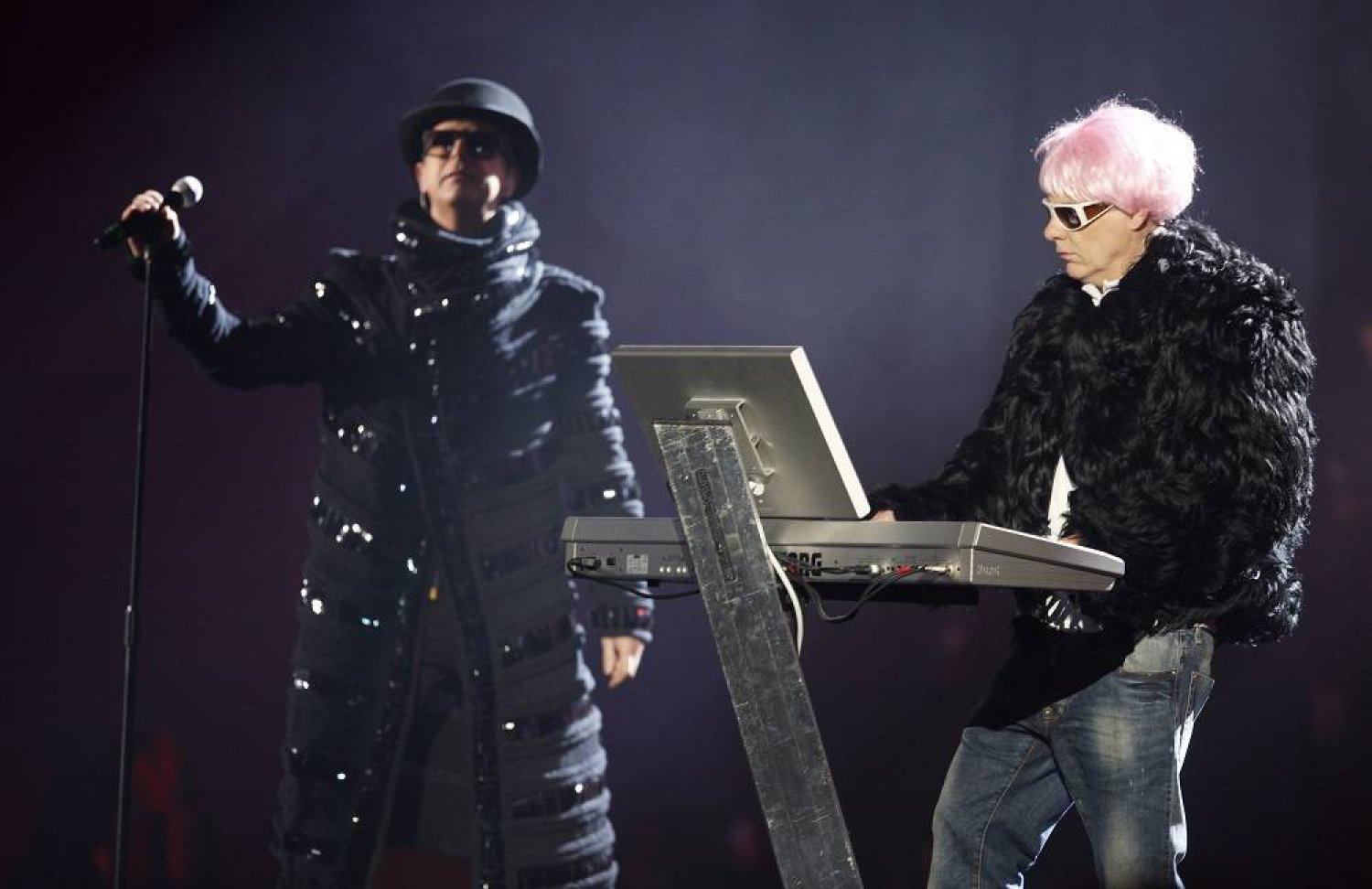 British band the Pet Shop Boys, Neil Tennant, left, and Chris Lowe perform after receiving The Outstanding Contribution To Music award at the Brit Awards 2009 at Earls Court exhibition center in London, England, Wednesday, Feb. 18, 2009. (AP)