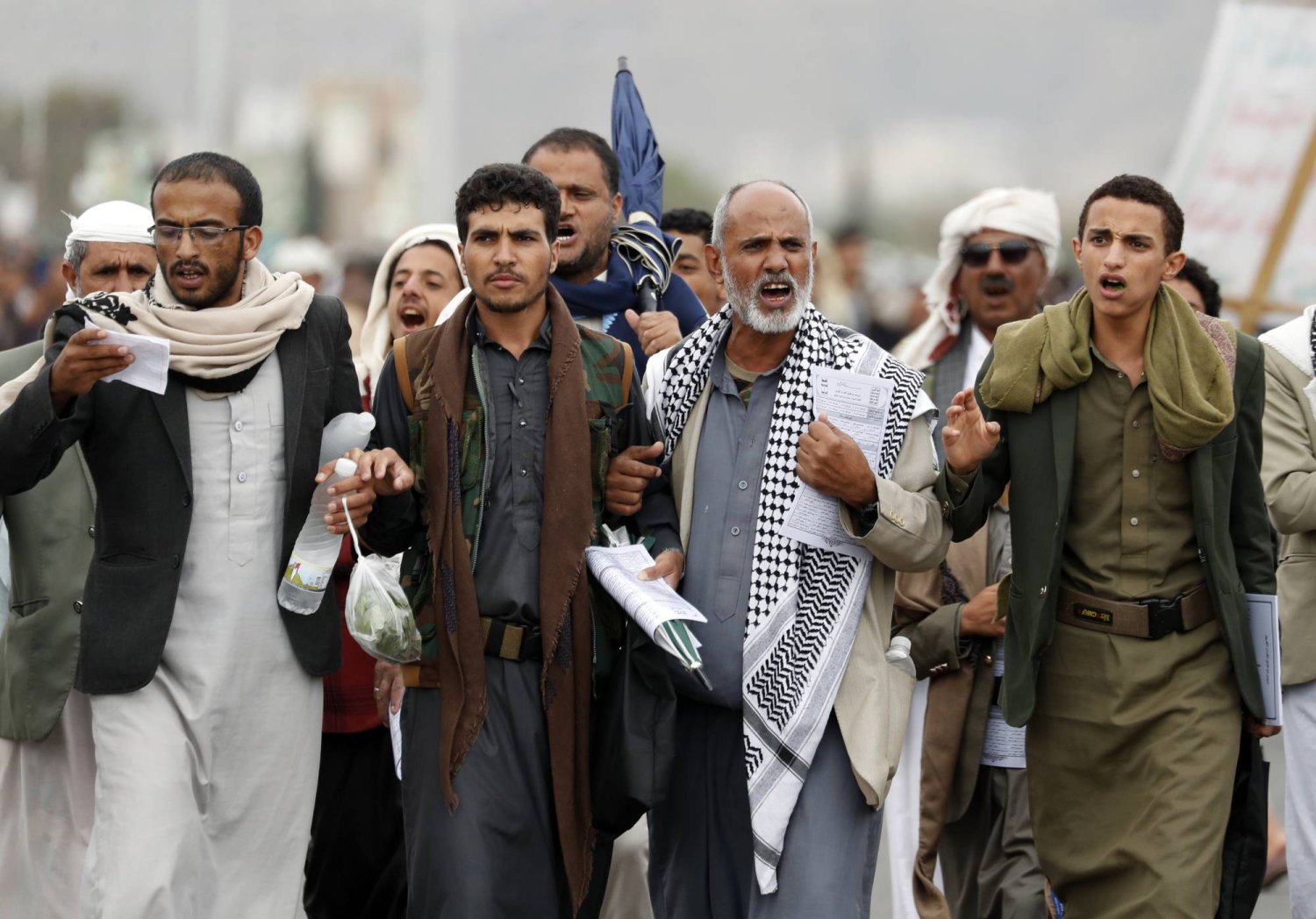 Houthi supporters chant slogans during a protest against the US and Israel, and in solidarity with the Palestinians, in Sana'a, Yemen, 26 April 2024. EPA/YAHYA ARHAB