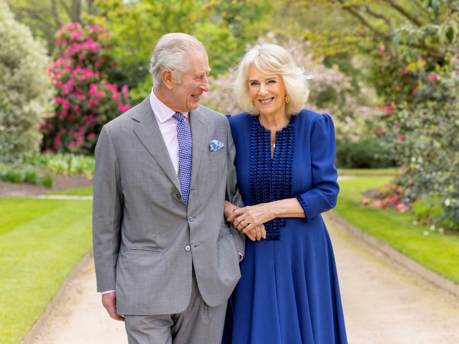 Britain's King Charles and Queen Camilla appear in Buckingham Palace Gardens the day after their 19th wedding anniversary, in London, Britain, April 10, 2024, in this handout picture released by the Buckingham Palace on April 26, 2024. Millie Pilkington/Buckingham Palace/Handout via REUTERS 