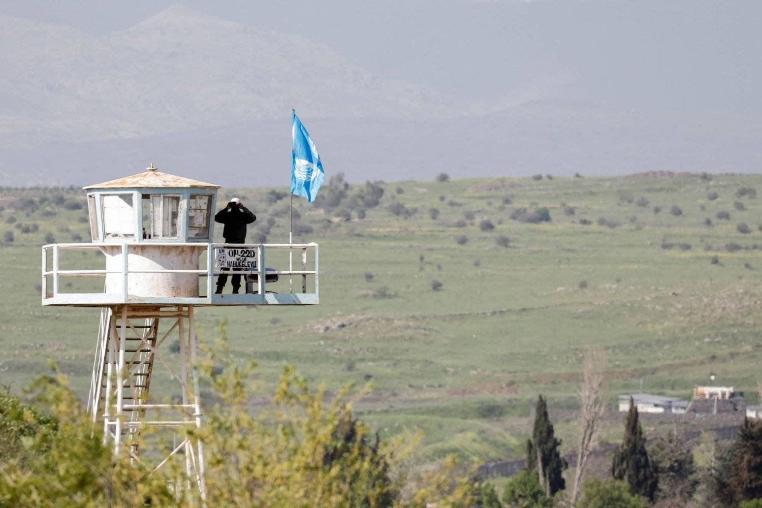 A picture taken on April 2, 2024, shows a United Nations peacekeepers observation point near the Quneitra border crossing with Syria in the Israeli annexed-Golan Heights. (Photo by Jalaa MAREY / AFP)
