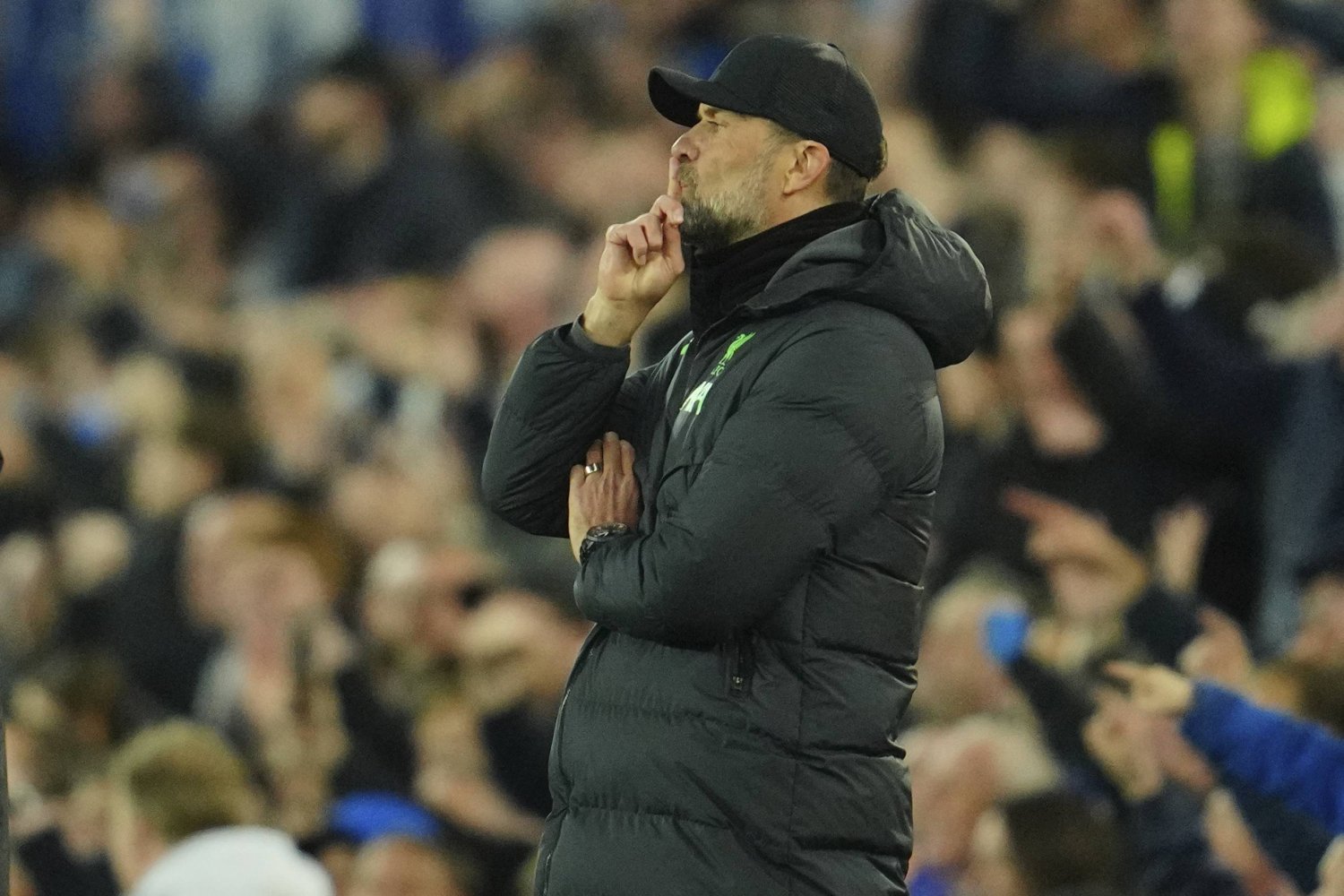 Liverpool's manager Jurgen Klopp reacts during the English Premier League soccer match between Everton and Liverpool at the Goodison Park stadium in Liverpool, Britain, Wednesday, April 24, 2024. (AP Photo/Jon Super)