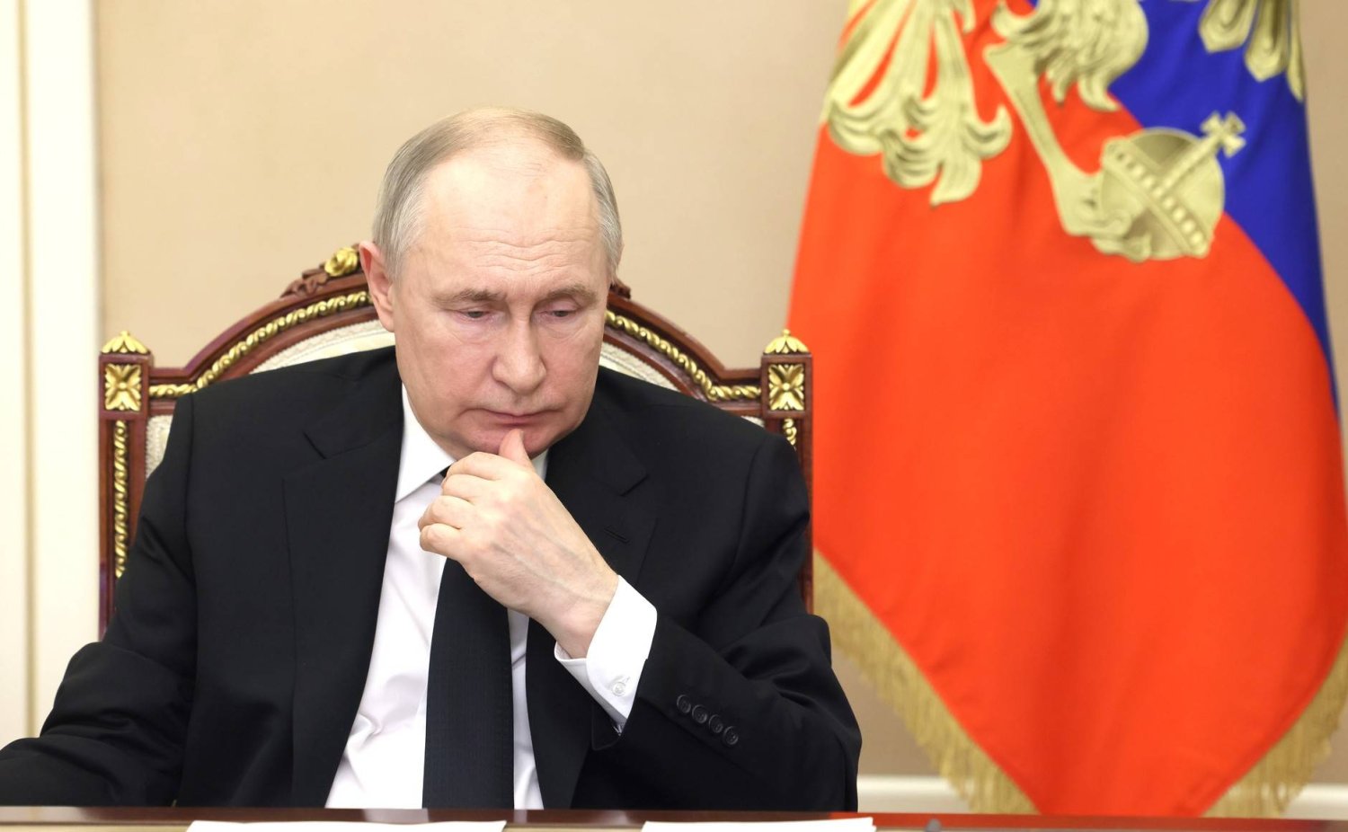 FILED - 25 March 2024, Russia, Moscow: Russian President Vladimir Putin attends a video conference with the heads of the government, regions, special services and law enforcement agencies on measures taken after the terrorist attack at the Crocus City Hall concert complex. Photo: -/Kremlin/dpa