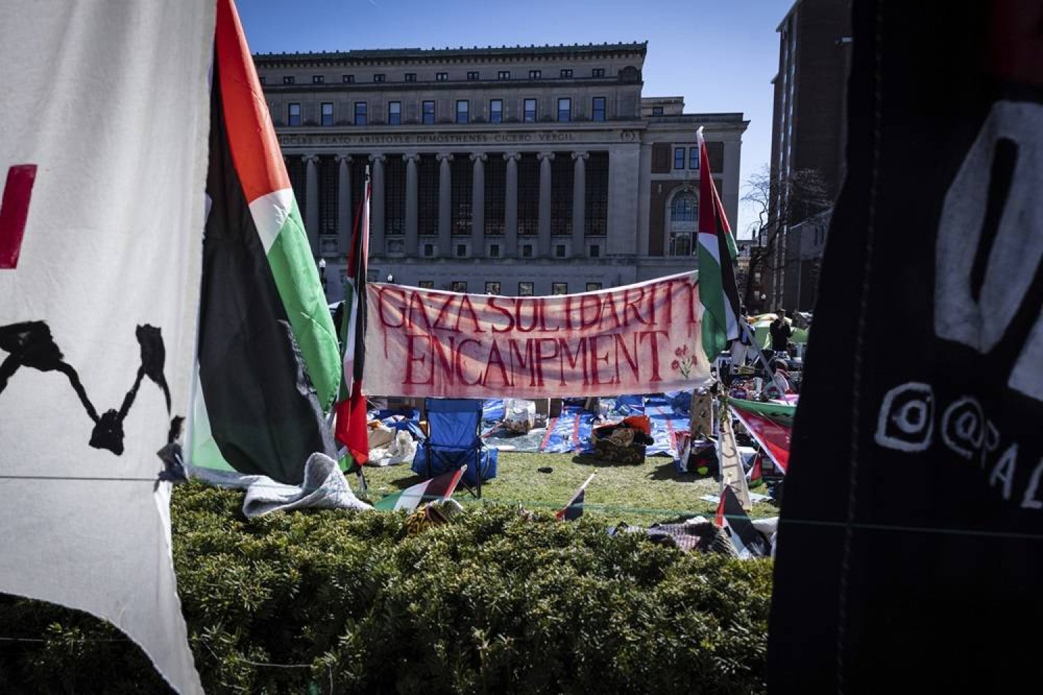 A sign that reads, "Gaza Solidarity Encampment," is seen during the pro-Palestinian protest at the Columbia University campus in New York, Monday April 22, 2024. (AP)