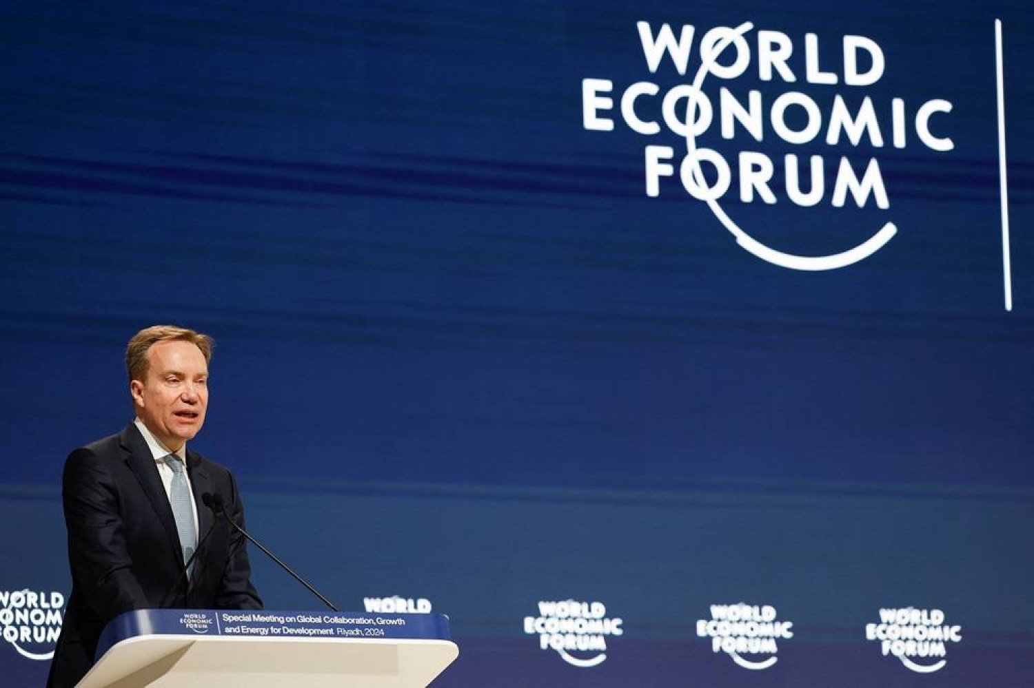  President of the World Economic Forum Borge Brende speaks during the World Economic Forum (WEF) in Riyadh, Saudi Arabia, April 28, 2024. (Reuters)