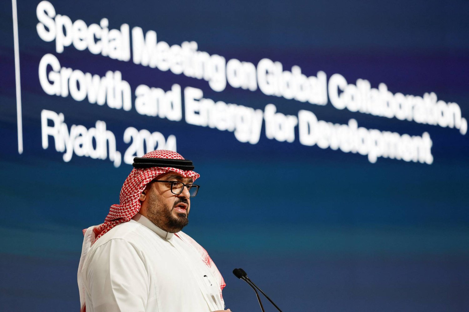 Saudi Arabia's Minister of Economy and Planning Faisal Alibrahim speaks during the World Economic Forum (WEF) in Riyadh, Saudi Arabia, April 28, 2024. REUTERS/Hamad I Mohammed