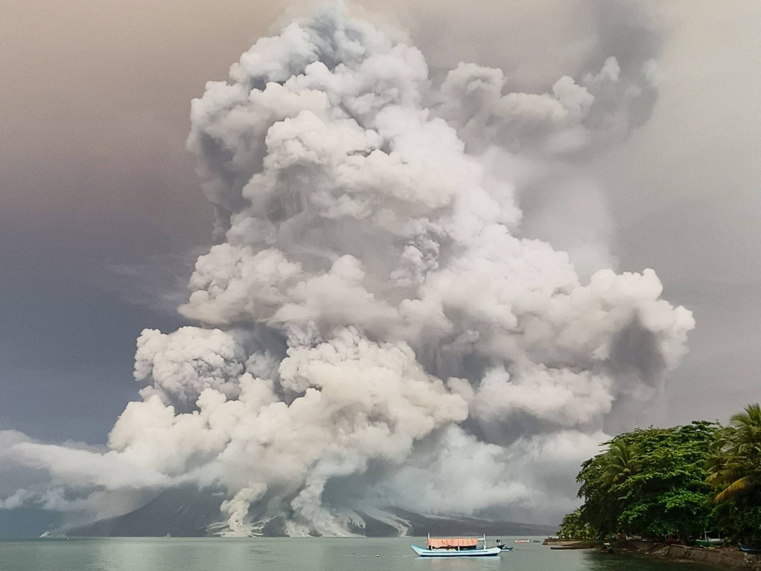 An eruption from Mount Ruang volcano is seen from Tagulandang island in Sitaro, North Sulawesi, on April 30, 2024. (Photo by AFP)