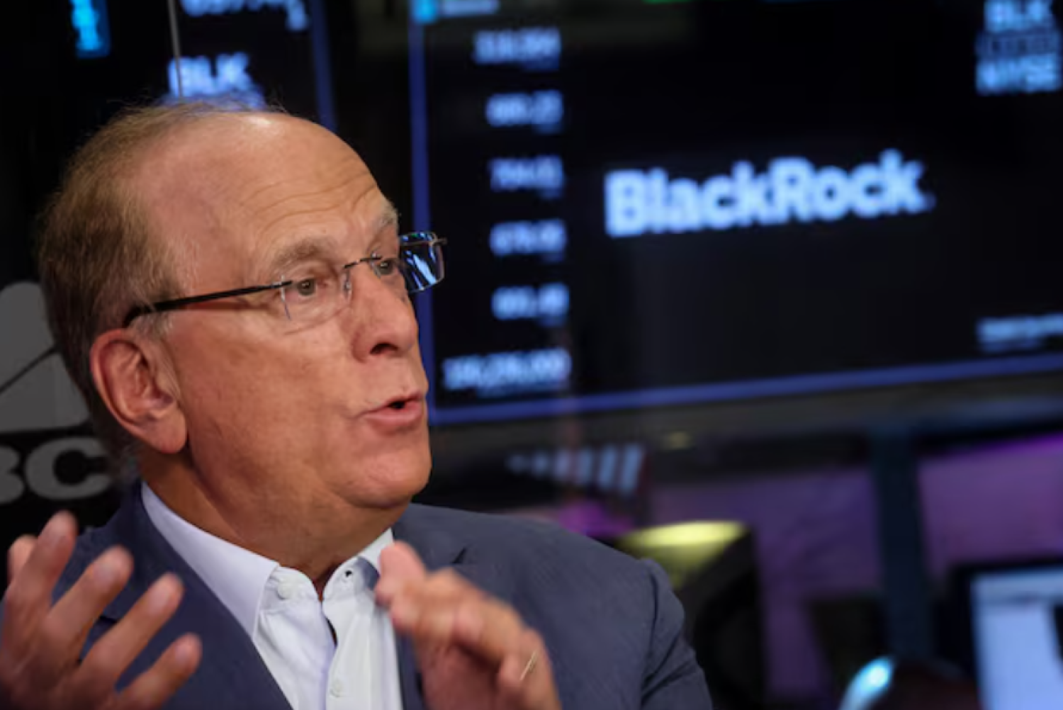 Larry Fink, Chairman and CEO of BlackRock, speaks during an interview with CNBC on the floor of the New York Stock Exchange (NYSE) in New York City, US, April 14, 2023. REUTERS/Brendan McDermid/File Photo Purchase Licensing Rights