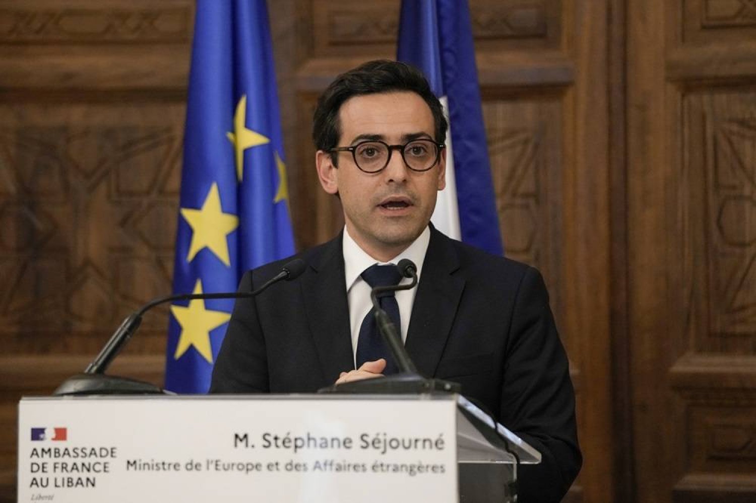  French Foreign Minister Stephane Sejourne speaks during a press conference at the Pine Palace, which is the residence of the French ambassador, in Beirut, Lebanon, Sunday, April 28, 2024. (AP)