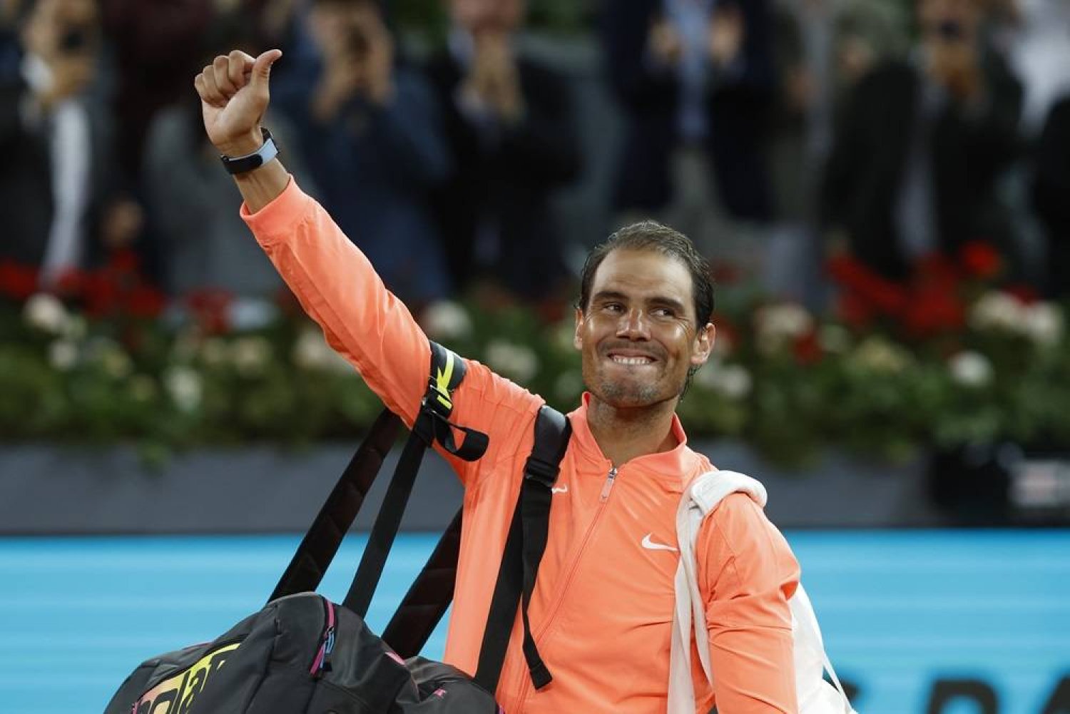 Spanish tennis player Rafa Nadal reacts after his round of 16 match against Jiri Lehecka of Czech Republic at the Madrid Open tennis tournament in Madrid, Spain, 30 April 2024. (EPA)