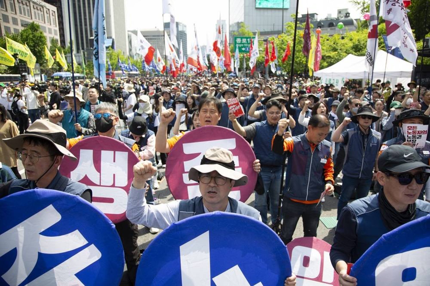 Members of the South Korean Confederation of Trade Unions (KCTU) gather to protest against the government's labor policy during a rally marking Labor Day in Seoul, South Korea, 01 May 2024. (EPA)