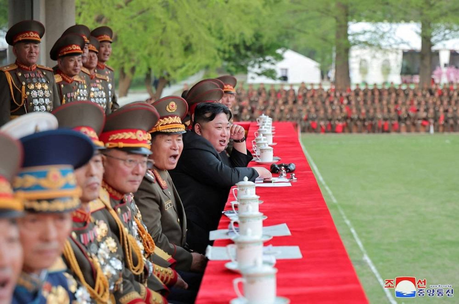 North Korean leader Kim Jong-un watches a football game while visiting Kim Il Sung Military University on the occasion of the 92nd founding anniversary of the Korean People's Revolutionary Army, in Pyongyang, North Korea, April 25, 2024, in this photo released by the North's official Korean Central News Agency. (KCNA via Reuters) 