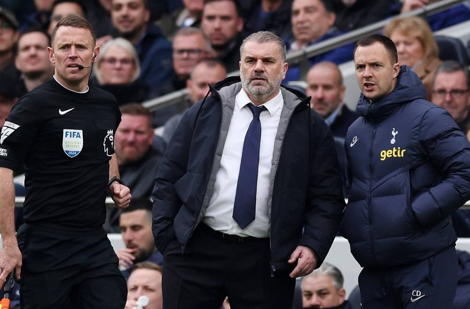 Tottenham manager Ange Postecoglou looks on during his teams 3-2 loss against Arsenal during the English Premier League soccer match between Tottenham Hotspur against Arsenal FC in London, Britain, 28 April 2024. (EPA)