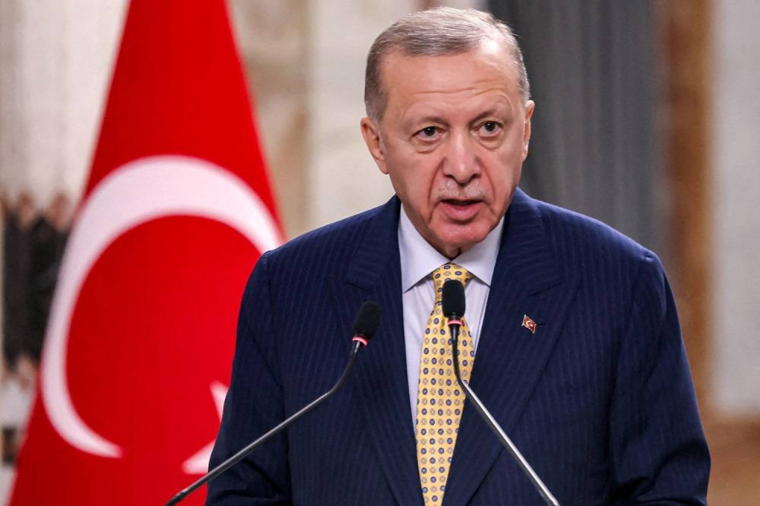 Türkiye’s President Recep Tayyip Erdogan speaks during a joint statement to the media in Baghdad, Iraq April 22, 2024. (Reuters) 