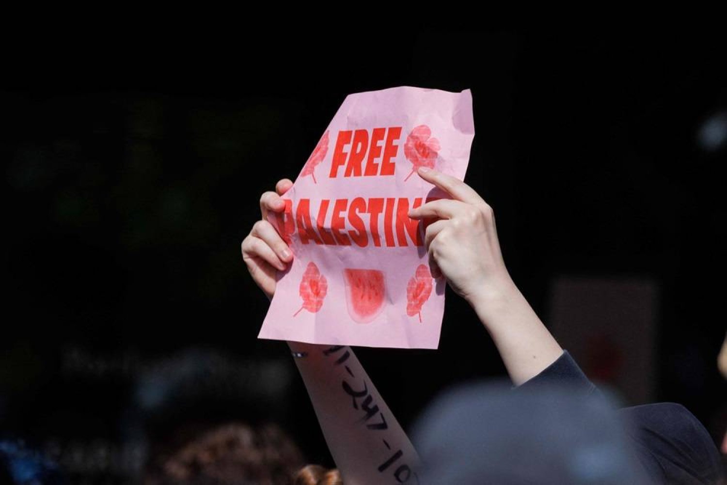 A person holds a sign as pro-Palestinian students and activists demonstrate after protesters were evicted from the library on campus earlier in the day at Portland State University in Portland, Oregon on May 2, 2024. (AFP)